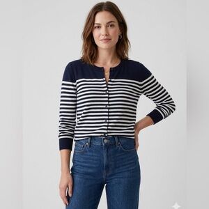 GAP Navy Blue & White Striped Button-Front Cardigan Sweater Size Large Coastal